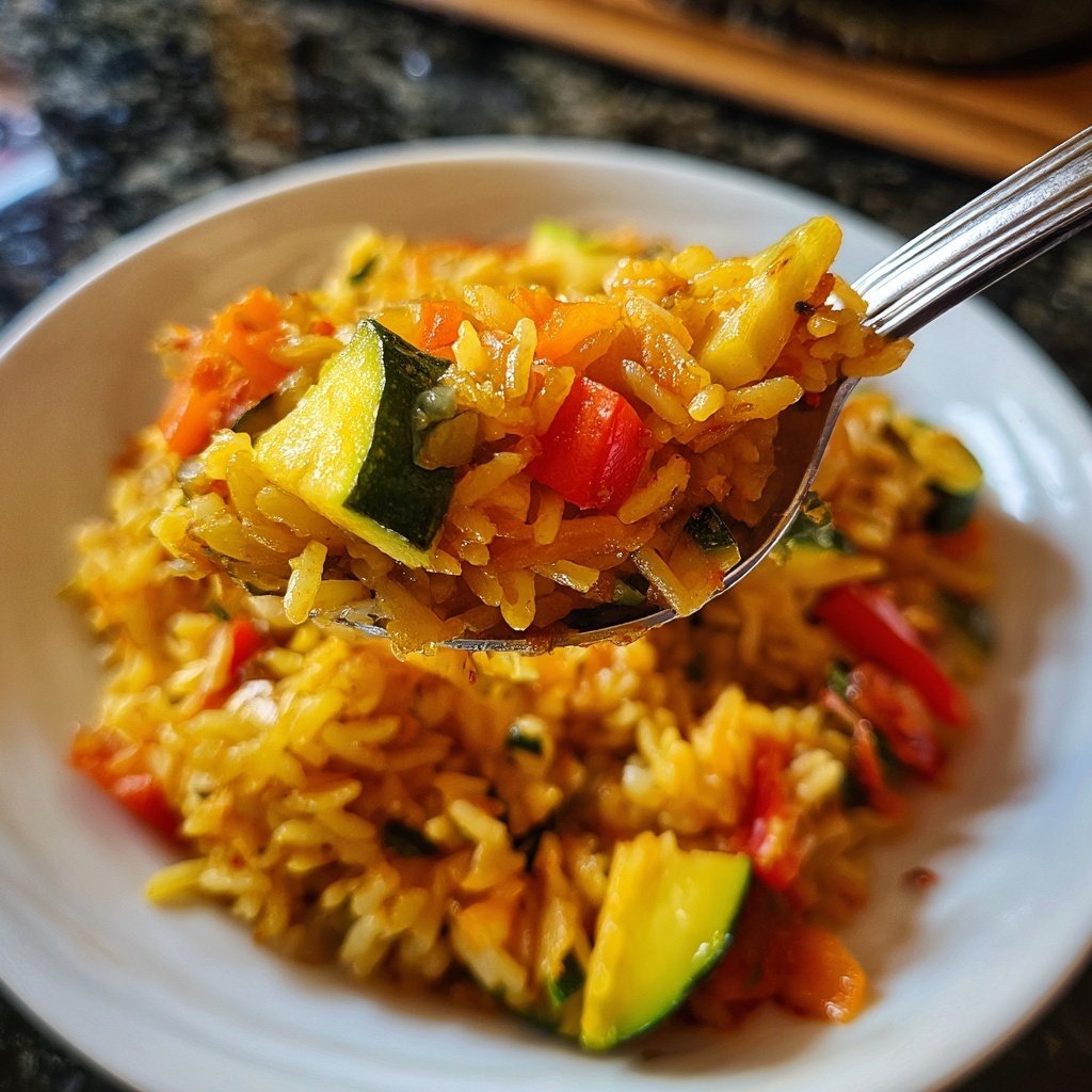 Mittagessen mit Gemüsepfanne und Reis